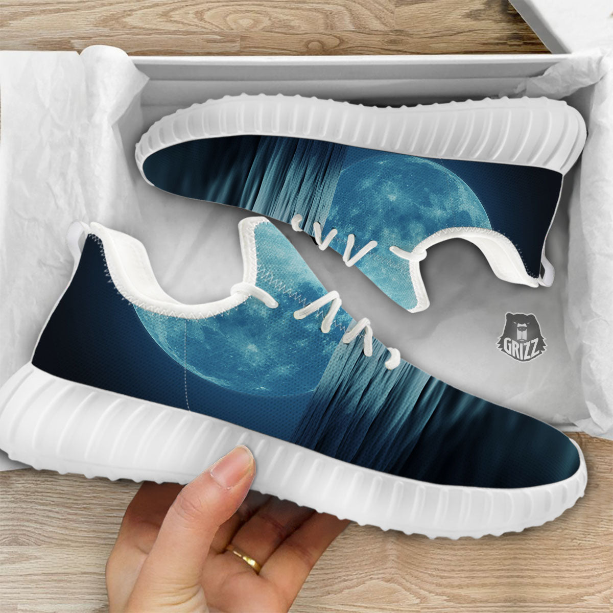 Moonlight And The Sea Print White Walking Shoes-grizzshop