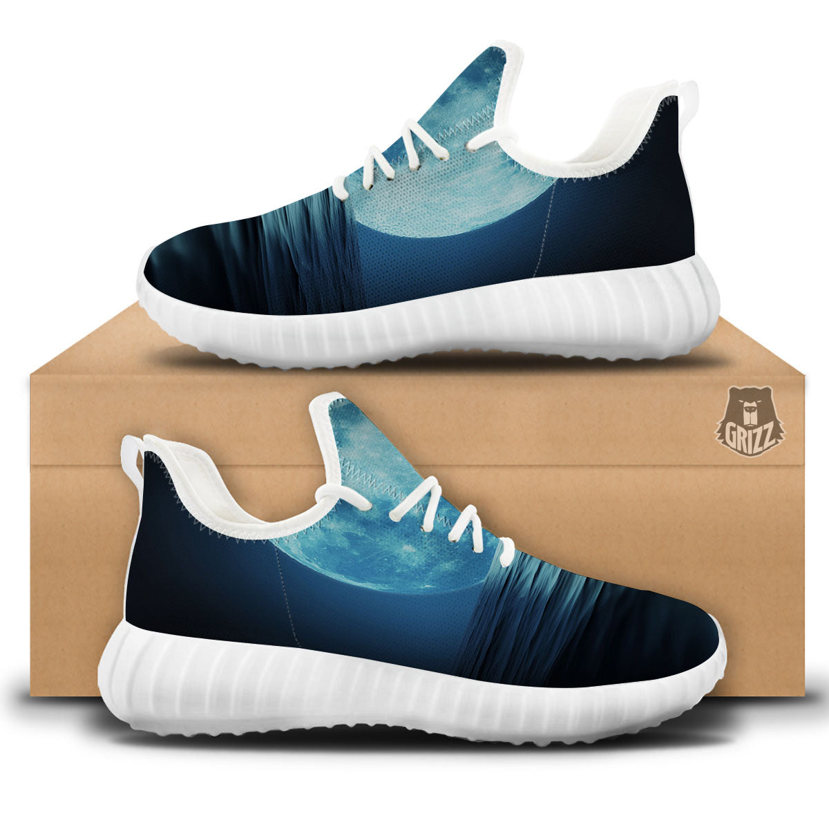 Moonlight And The Sea Print White Walking Shoes-grizzshop