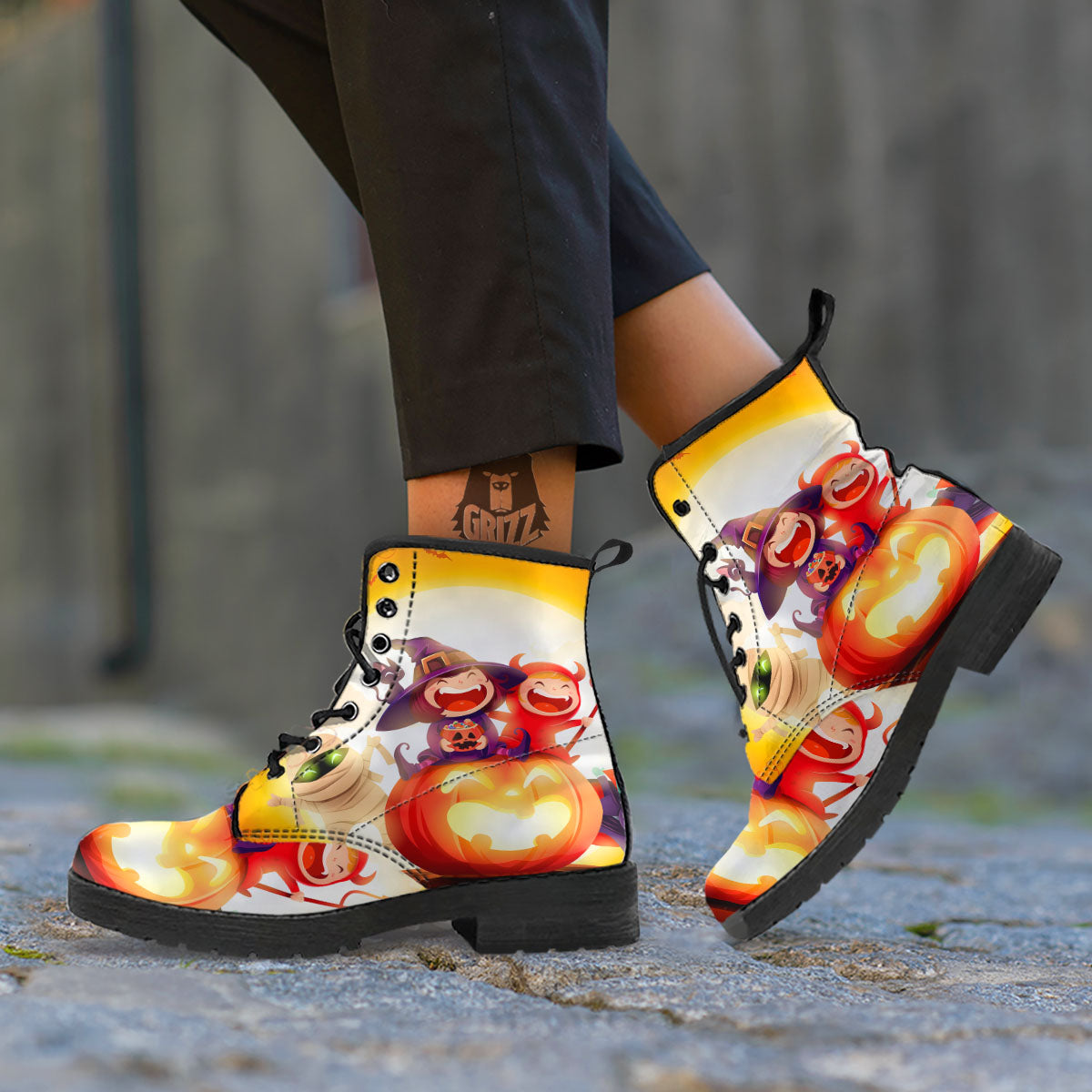 Moonlight Halloween Print Leather Boots-grizzshop