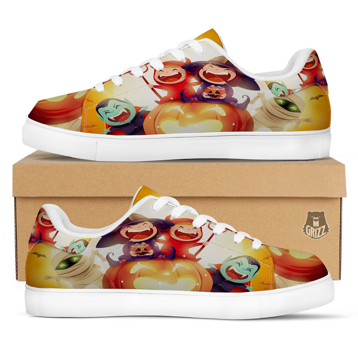 Moonlight Halloween Print White Low Top Sneakers-grizzshop