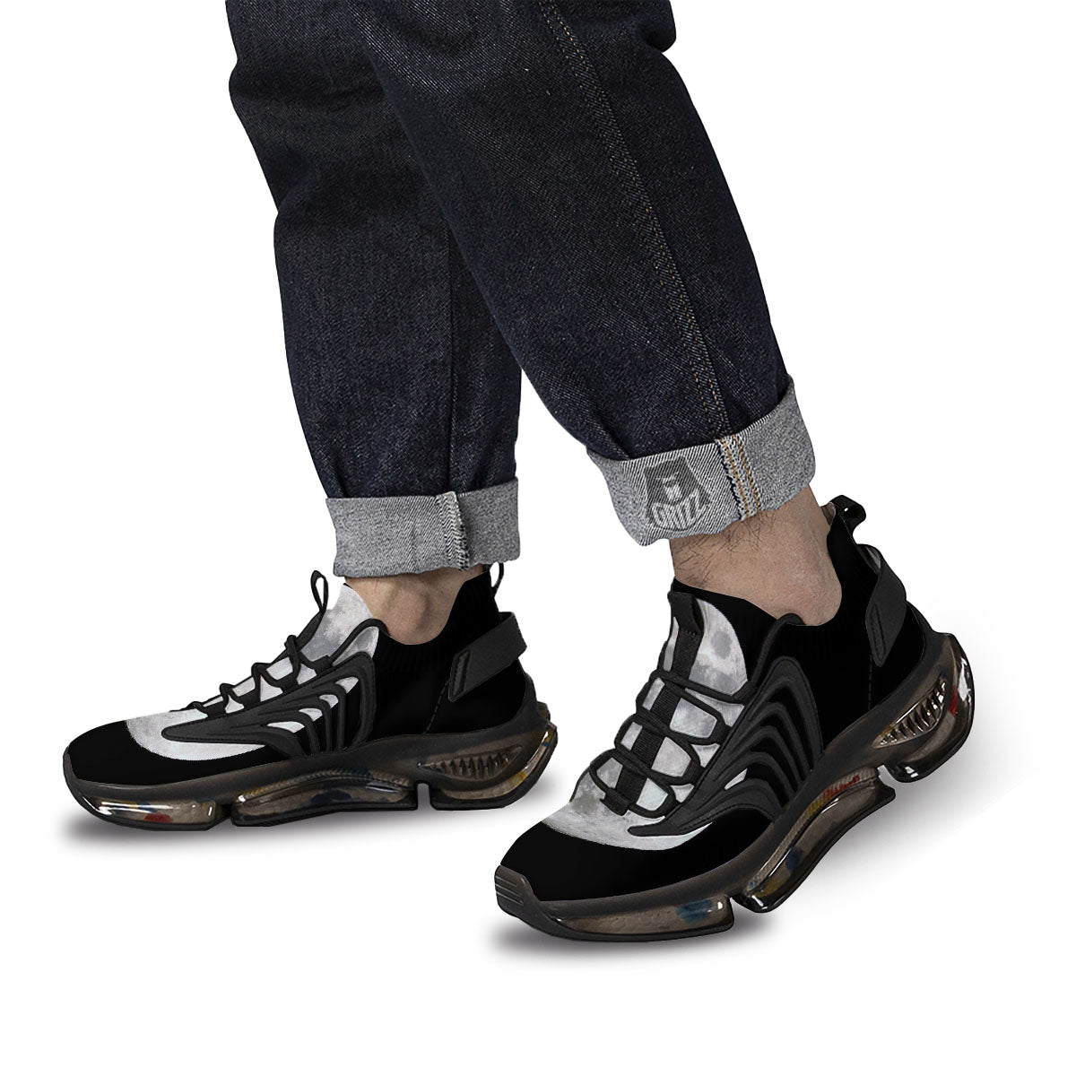 Moonlight White And Black Print Black Gym Shoes-grizzshop
