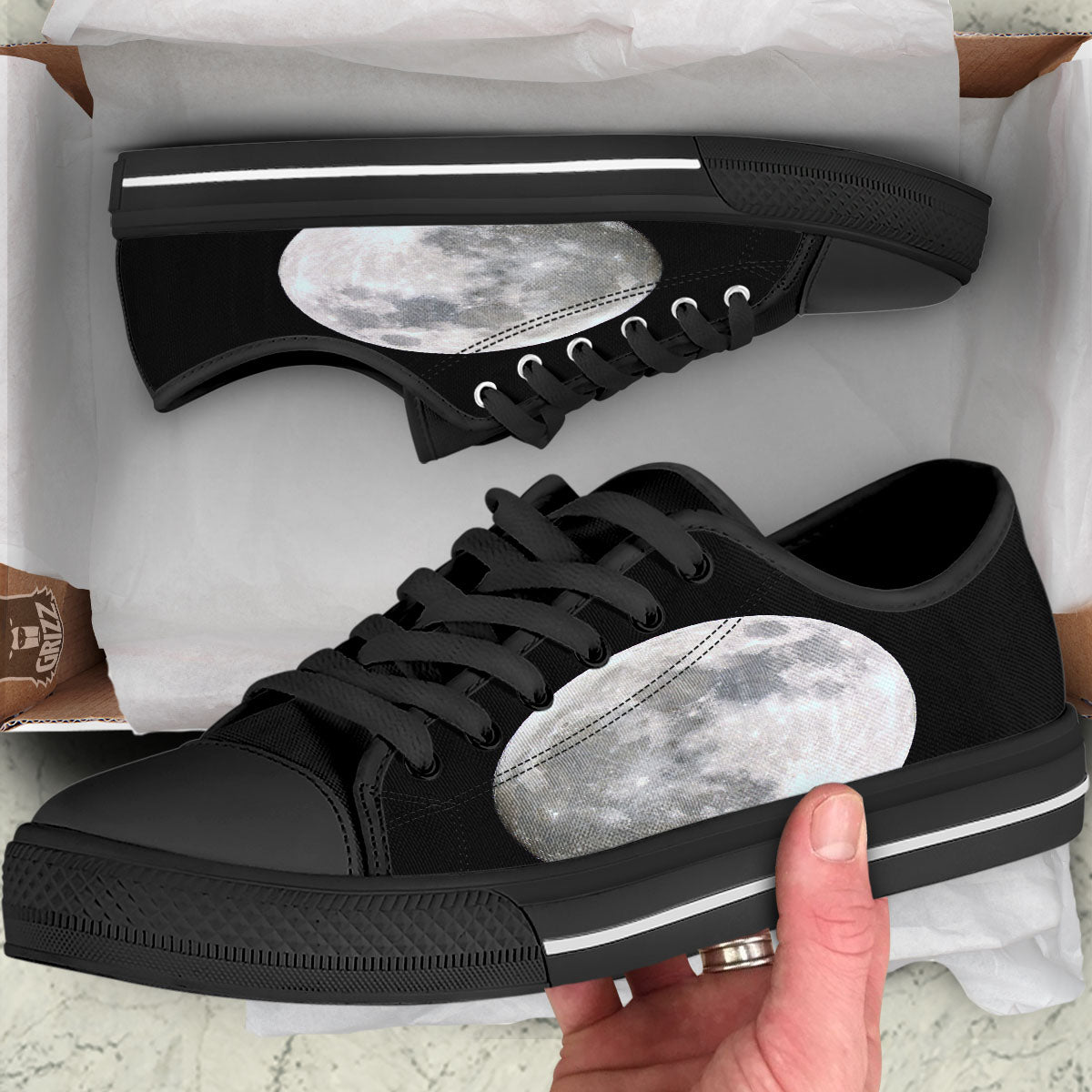 Moonlight White And Black Print Black Low Top Shoes-grizzshop