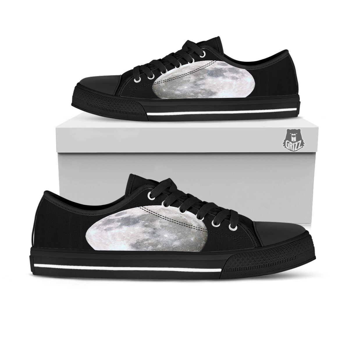 Moonlight White And Black Print Black Low Top Shoes-grizzshop