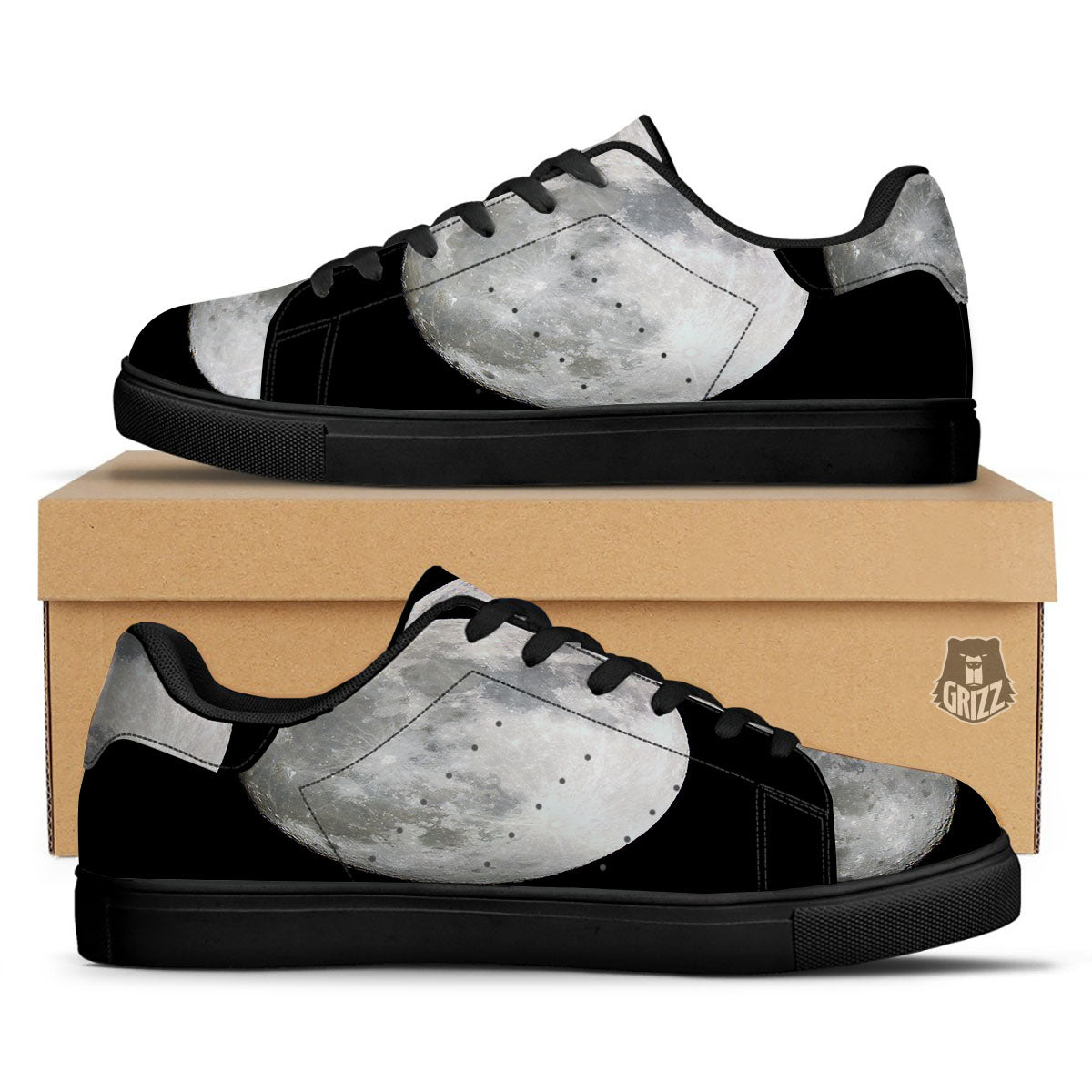 Moonlight White And Black Print Black Low Top Sneakers-grizzshop