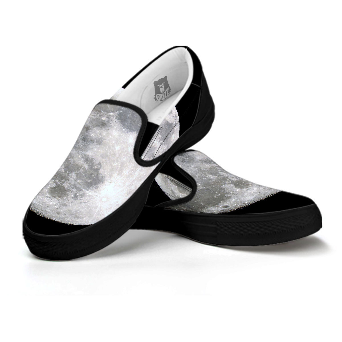 Moonlight White And Black Print Black Slip On Shoes-grizzshop