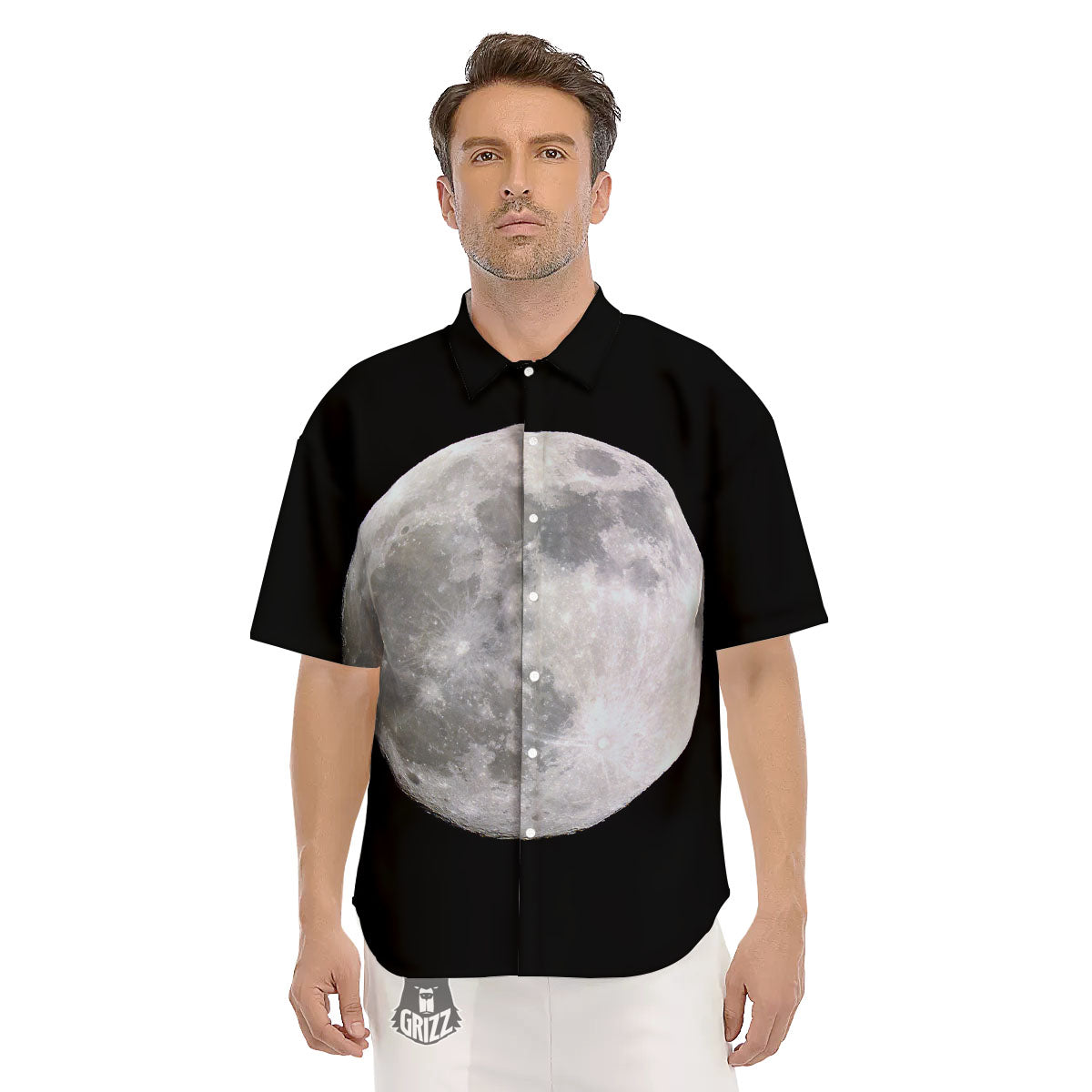 Moonlight White And Black Print Men's Short Sleeve Shirts-grizzshop
