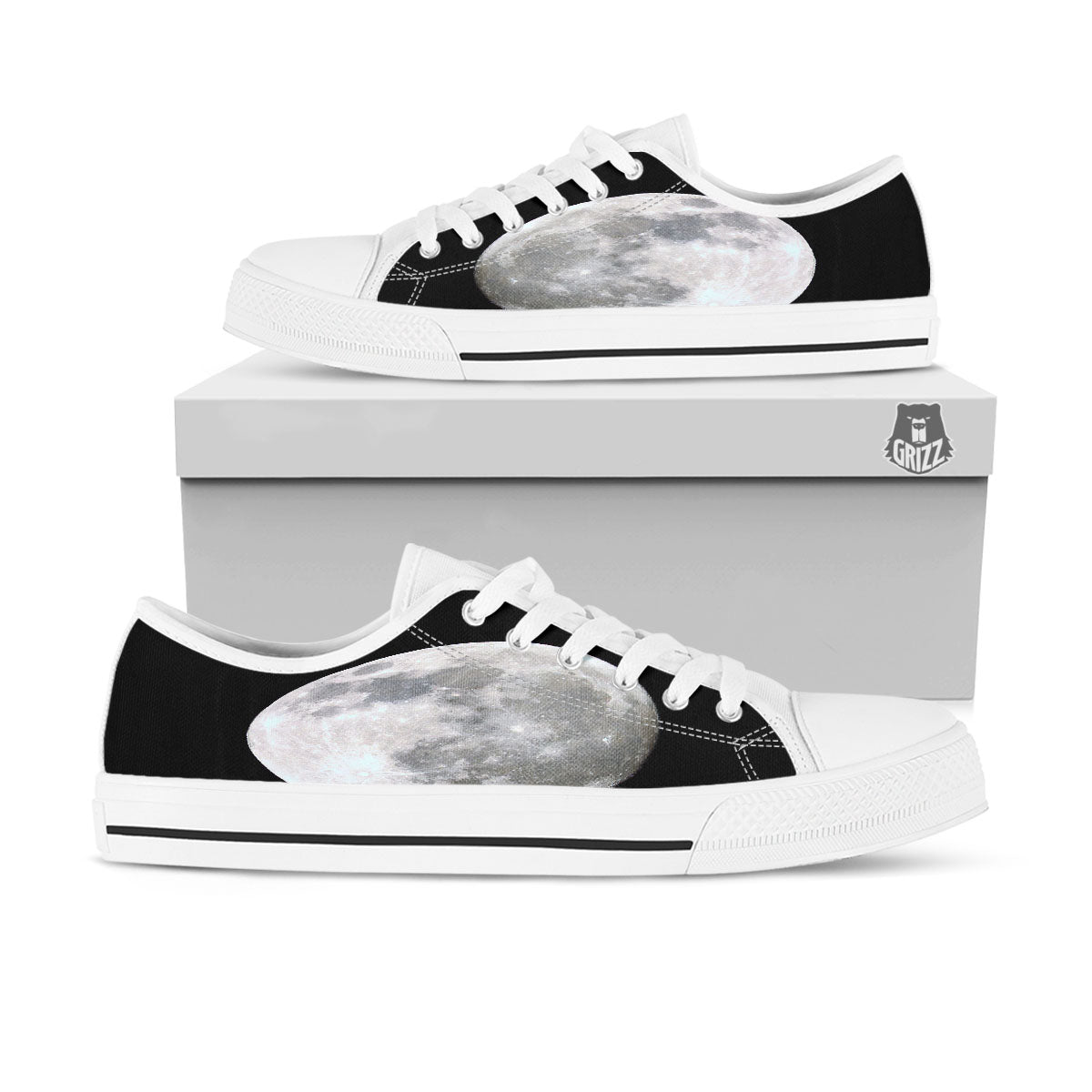 Moonlight White And Black Print White Low Top Shoes-grizzshop