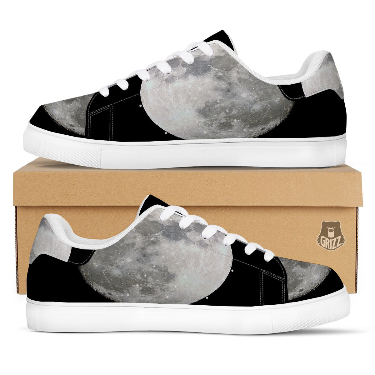 Moonlight White And Black Print White Low Top Sneakers-grizzshop