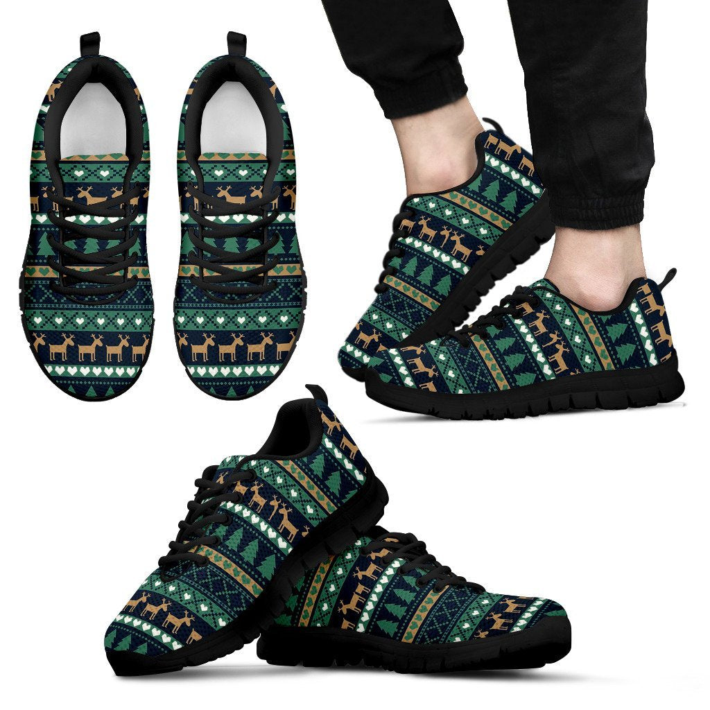 Moose Christmas Tree Pattern Print Black Sneaker Shoes For Men Women-grizzshop