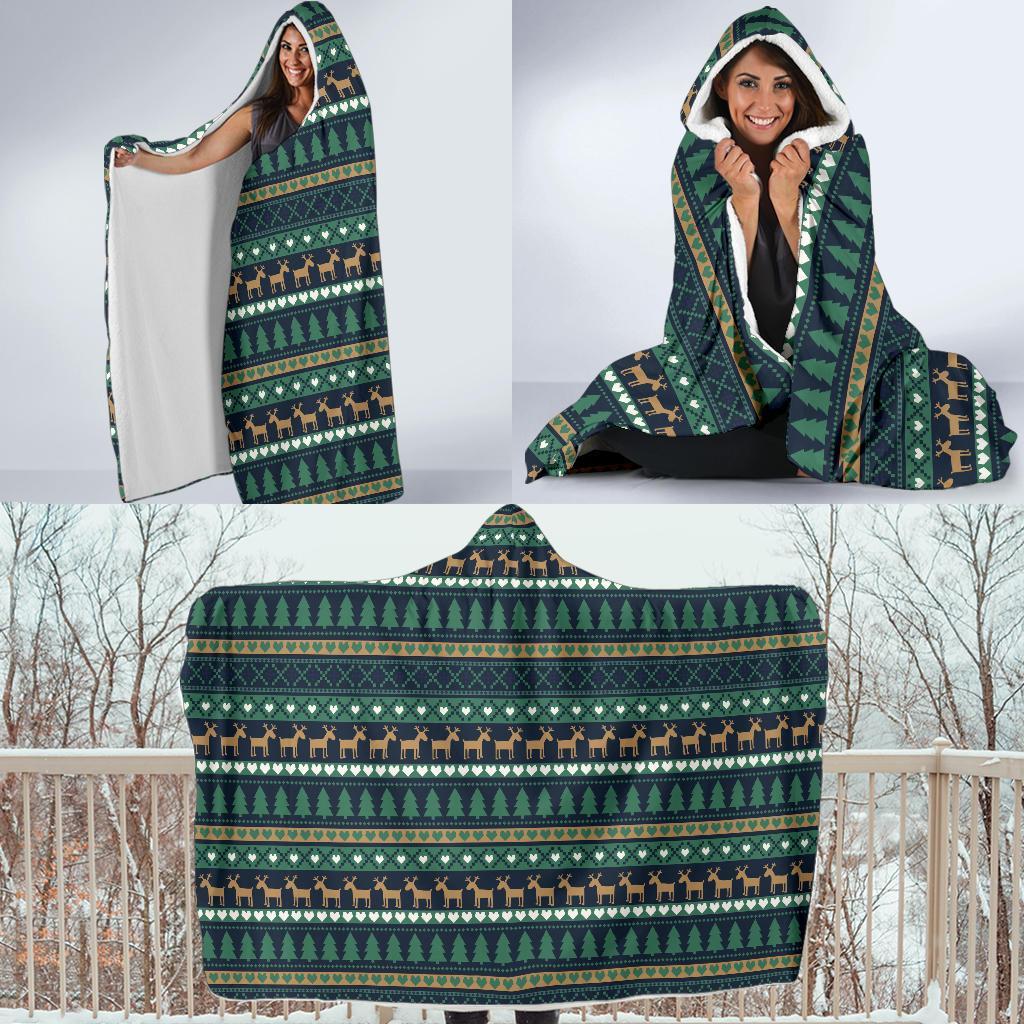 Moose Christmas Tree Pattern Print Hooded Blanket-grizzshop