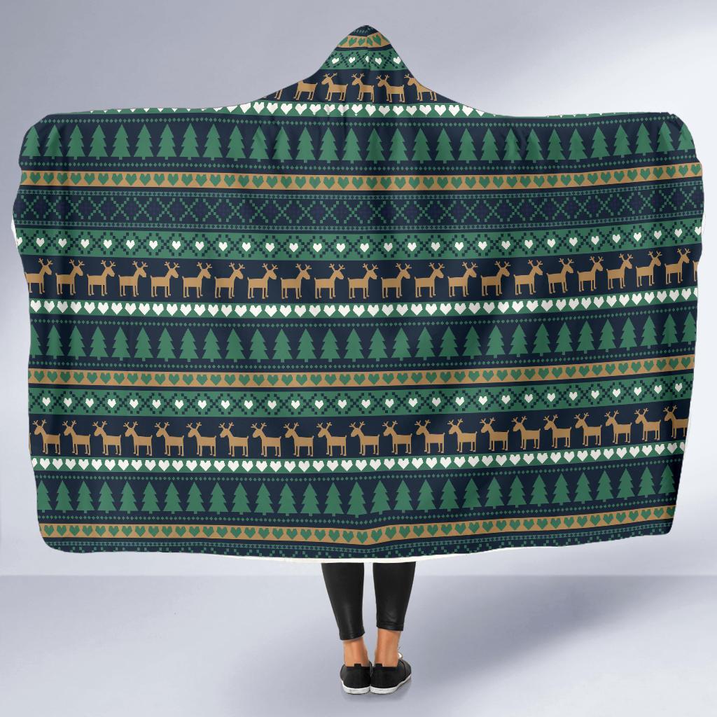 Moose Christmas Tree Pattern Print Hooded Blanket-grizzshop