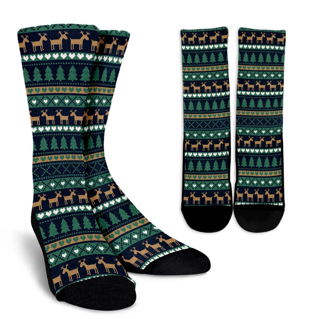 Moose Christmas Tree Pattern Print Unisex Crew Socks-grizzshop
