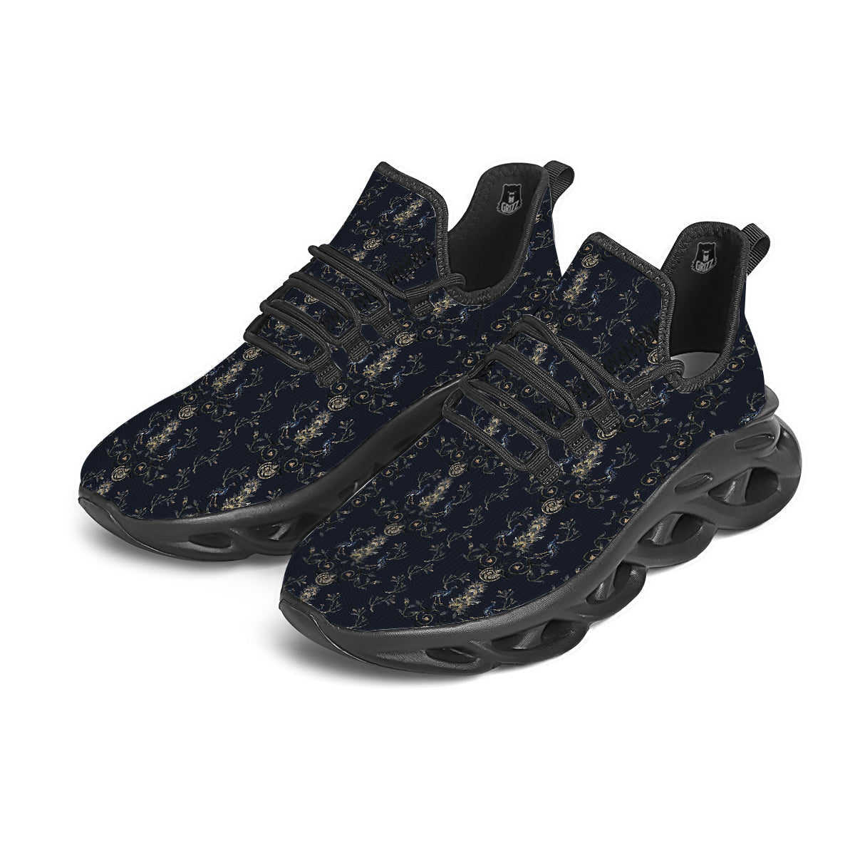Mosaic Bird Pattern Black Running Shoes-grizzshop