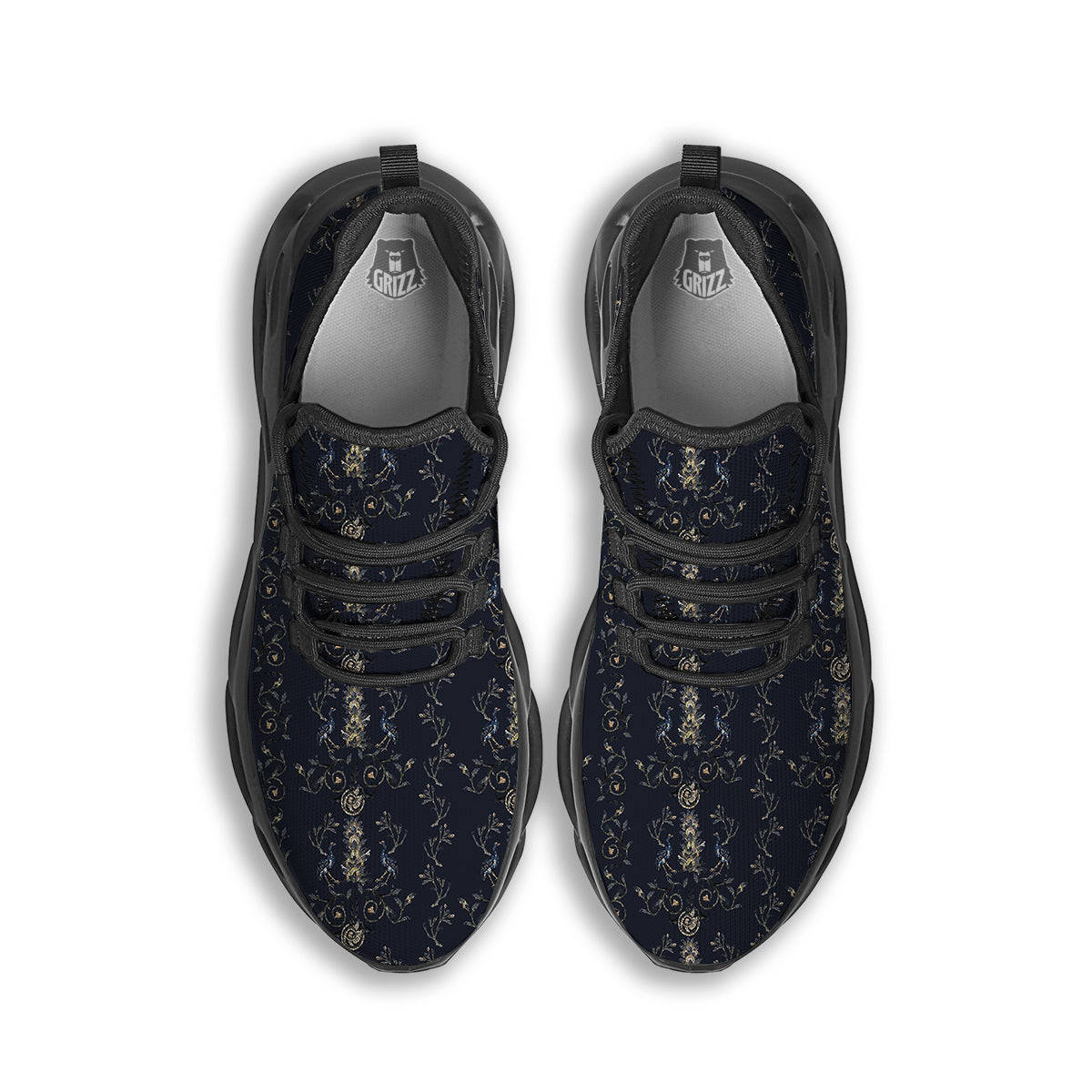 Mosaic Bird Pattern Black Running Shoes-grizzshop