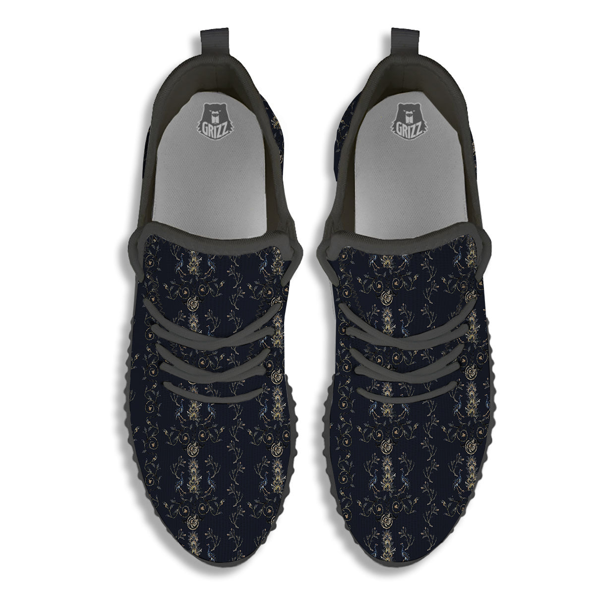 Mosaic Bird Pattern Black Walking Shoes-grizzshop
