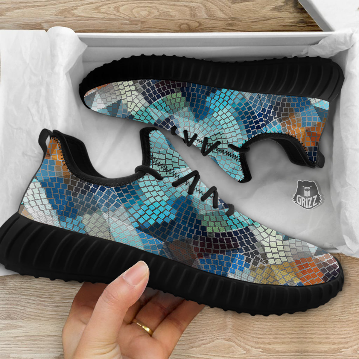 Mosaic Geometric Colorful Print Black Walking Shoes-grizzshop