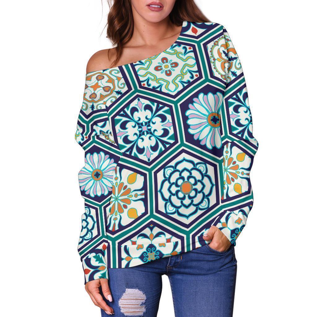 Mosaic Pattern Print Women Off Shoulder Sweatshirt-grizzshop