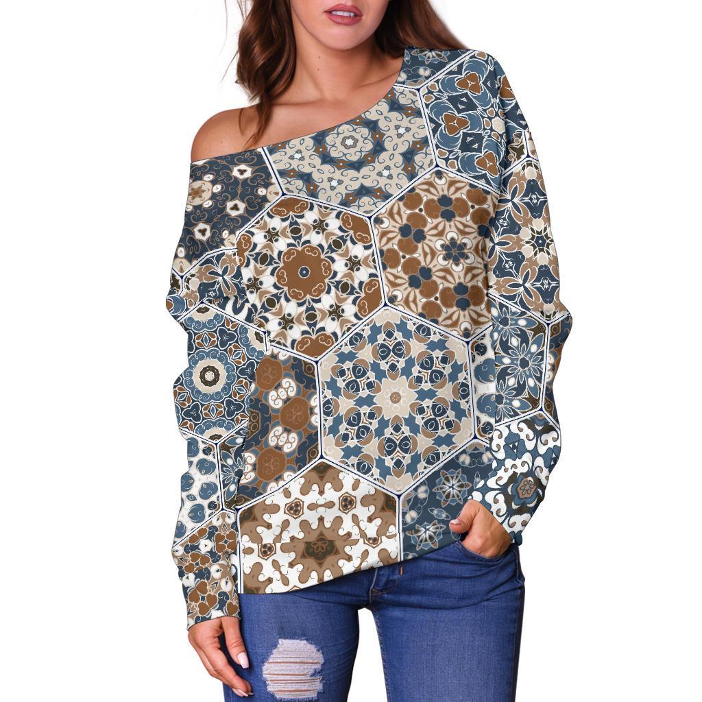 Mosaic Print Pattern Women Off Shoulder Sweatshirt-grizzshop