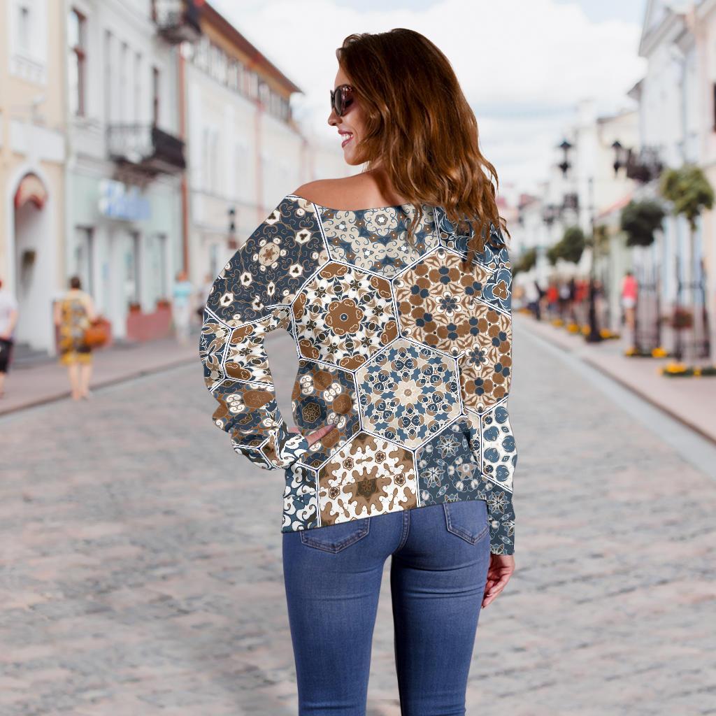 Mosaic Print Pattern Women Off Shoulder Sweatshirt-grizzshop