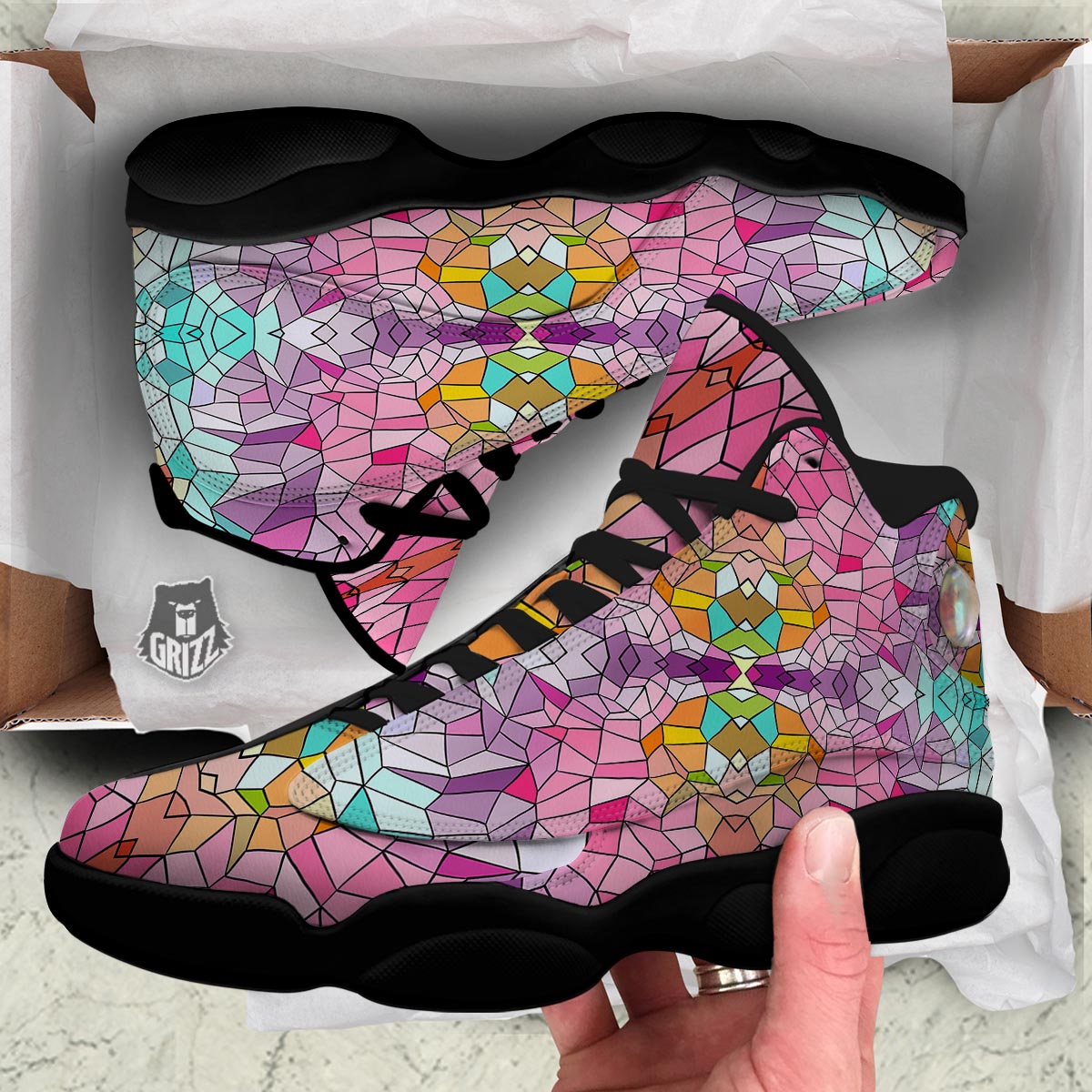 Mosaic Stained Glass Print Pattern Black Basketball Shoes-grizzshop