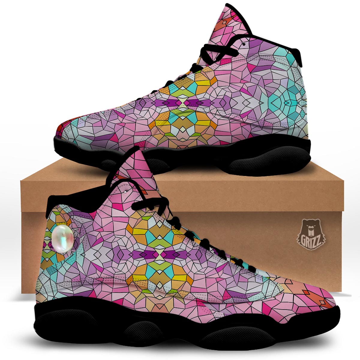 Mosaic Stained Glass Print Pattern Black Basketball Shoes-grizzshop