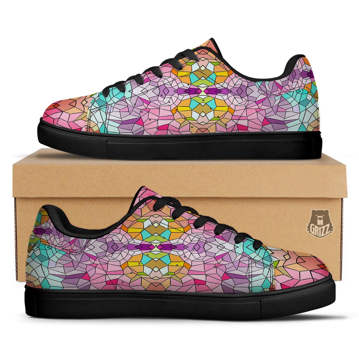 Mosaic Stained Glass Print Pattern Black Low Top Sneakers-grizzshop