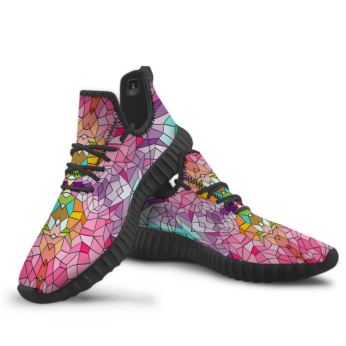 Mosaic Stained Glass Print Pattern Black Walking Shoes-grizzshop