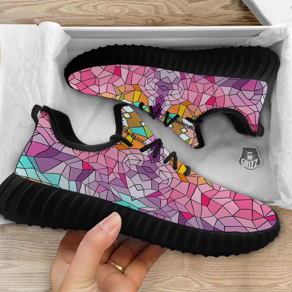 Mosaic Stained Glass Print Pattern Black Walking Shoes-grizzshop
