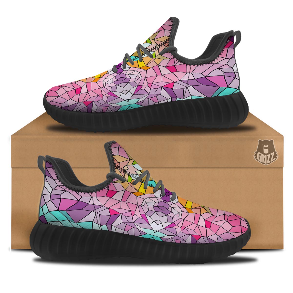 Mosaic Stained Glass Print Pattern Black Walking Shoes-grizzshop