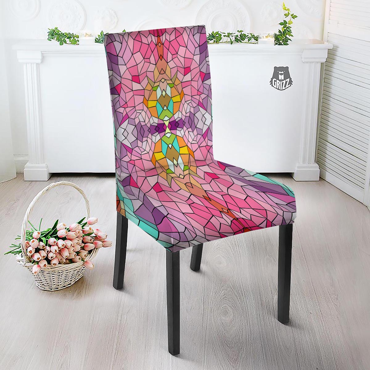 Mosaic Stained Glass Print Pattern Dining Chair Slipcover-grizzshop