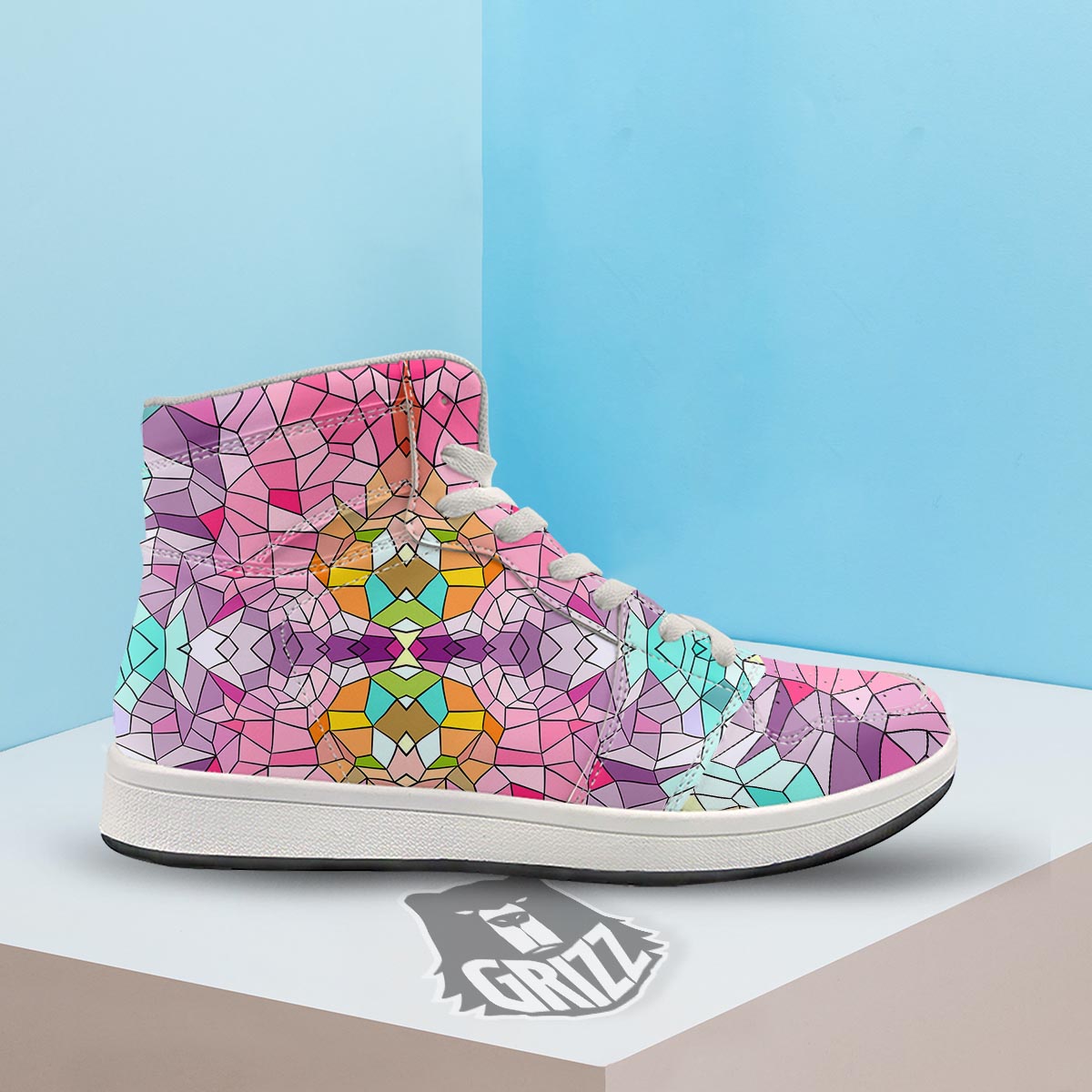 Mosaic Stained Glass Print Pattern High Top Sneakers-grizzshop