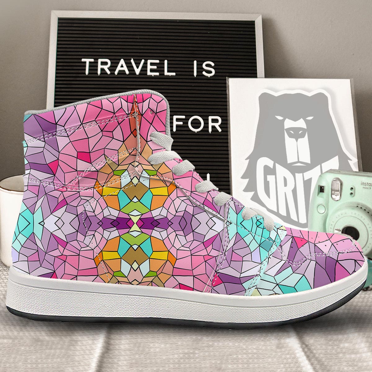 Mosaic Stained Glass Print Pattern High Top Sneakers-grizzshop