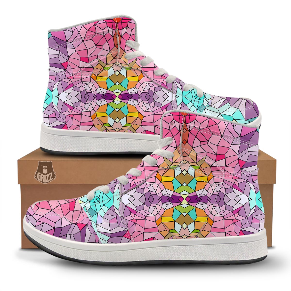 Mosaic Stained Glass Print Pattern High Top Sneakers-grizzshop