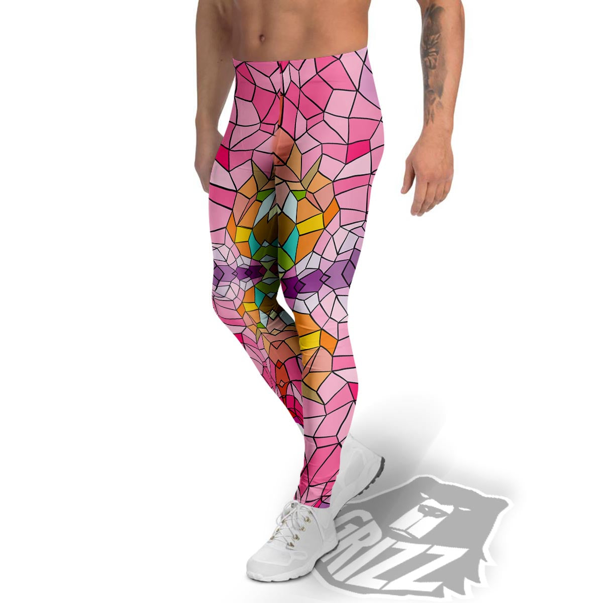 Mosaic Stained Glass Print Pattern Men's Leggings-grizzshop