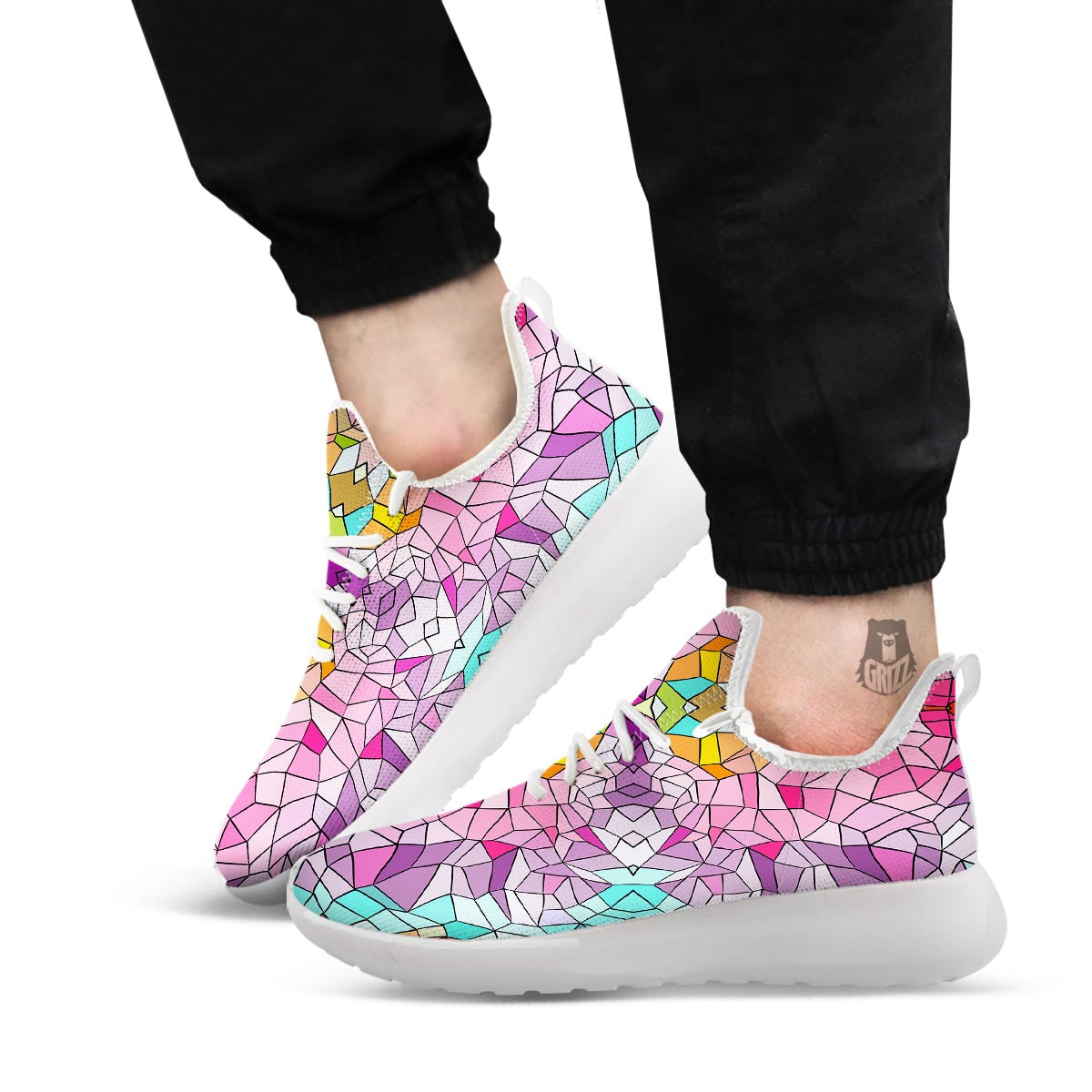 Mosaic Stained Glass Print Pattern White Athletic Shoes-grizzshop