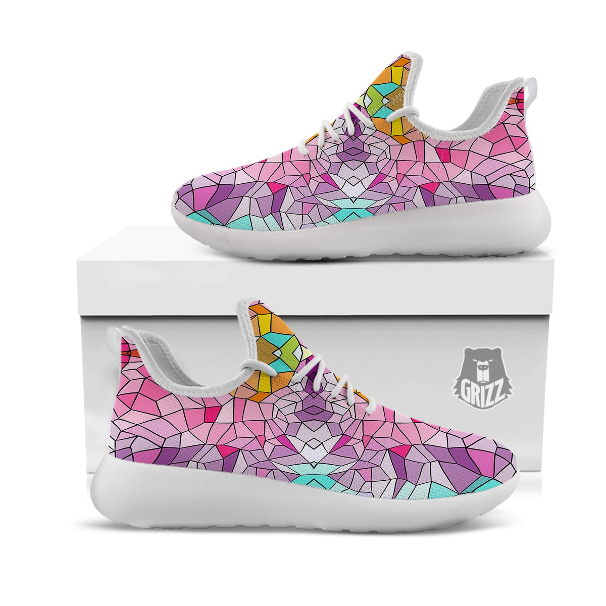 Mosaic Stained Glass Print Pattern White Athletic Shoes-grizzshop