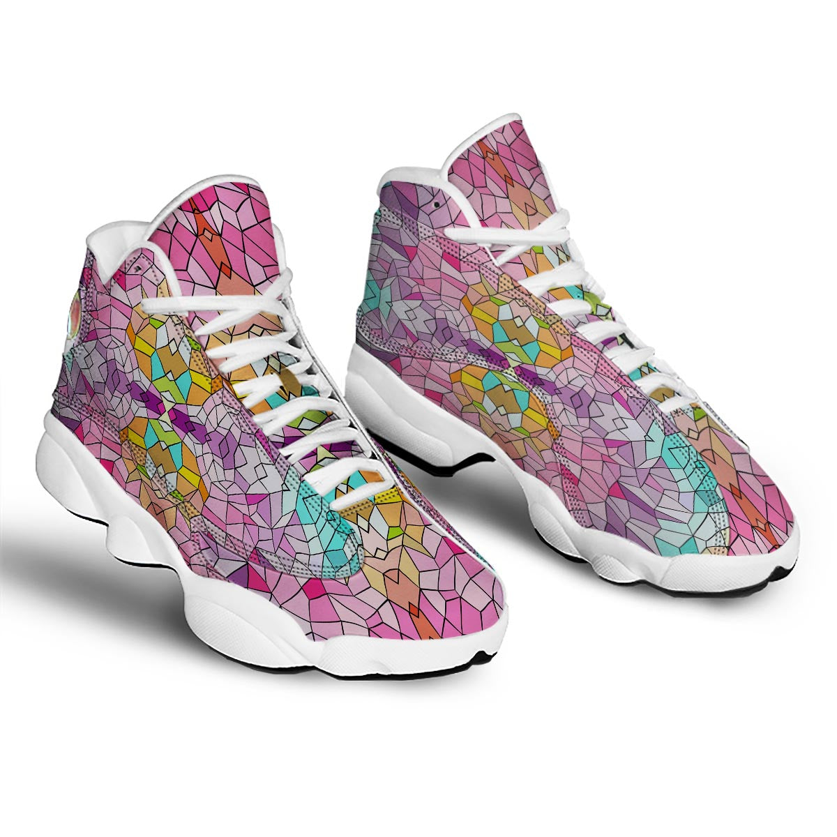 Mosaic Stained Glass Print Pattern White Basketball Shoes-grizzshop