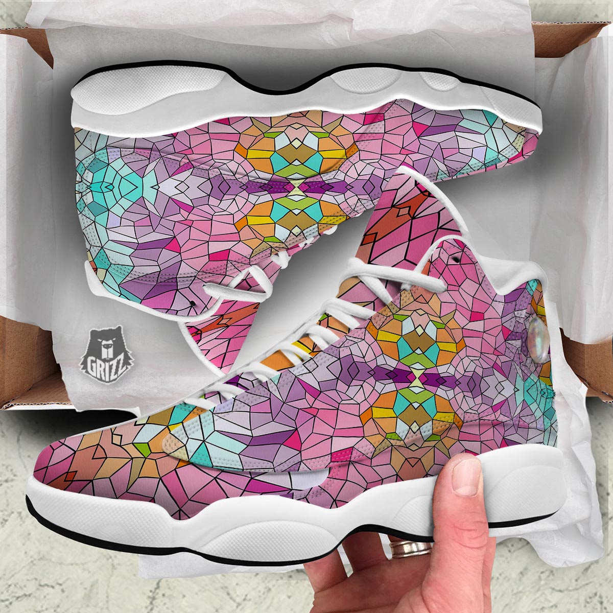 Mosaic Stained Glass Print Pattern White Basketball Shoes-grizzshop