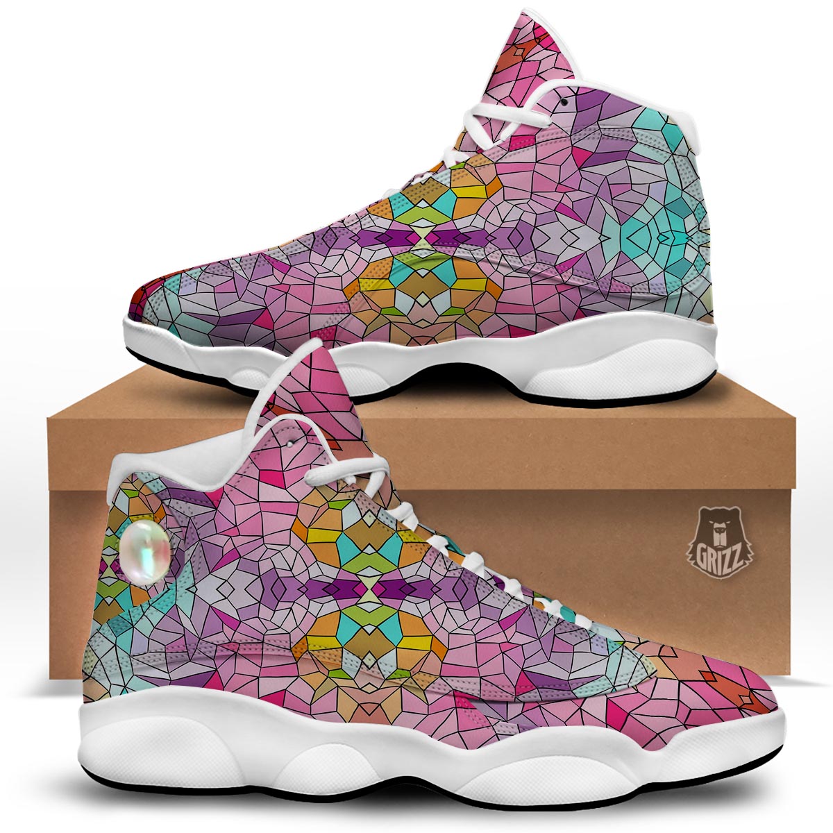 Mosaic Stained Glass Print Pattern White Basketball Shoes-grizzshop