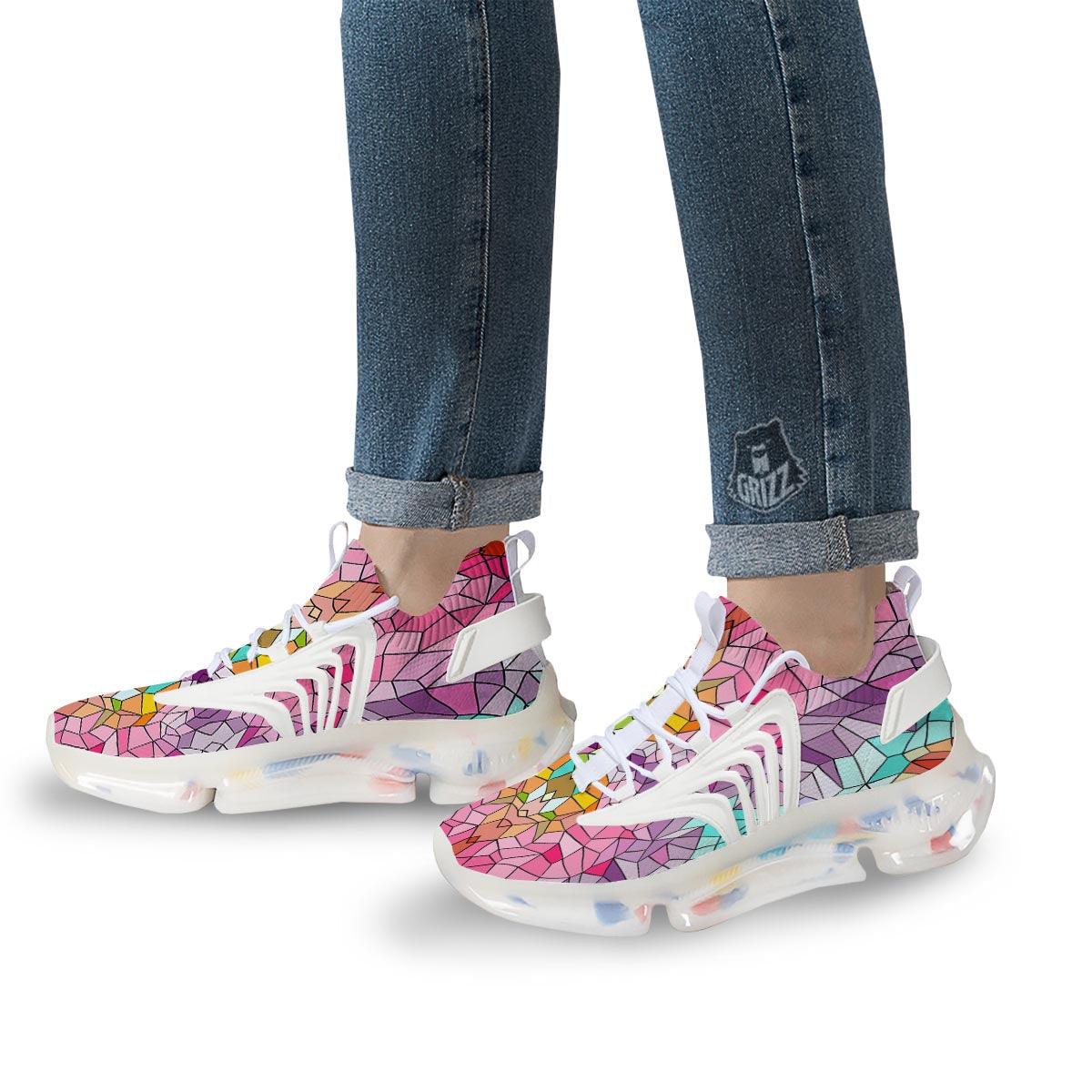 Mosaic Stained Glass Print Pattern White Gym Shoes-grizzshop