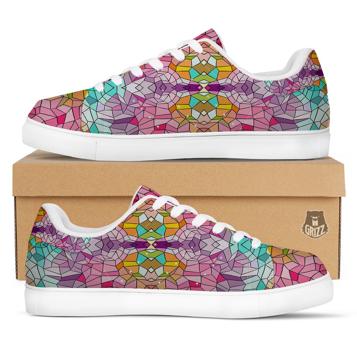 Mosaic Stained Glass Print Pattern White Low Top Sneakers-grizzshop