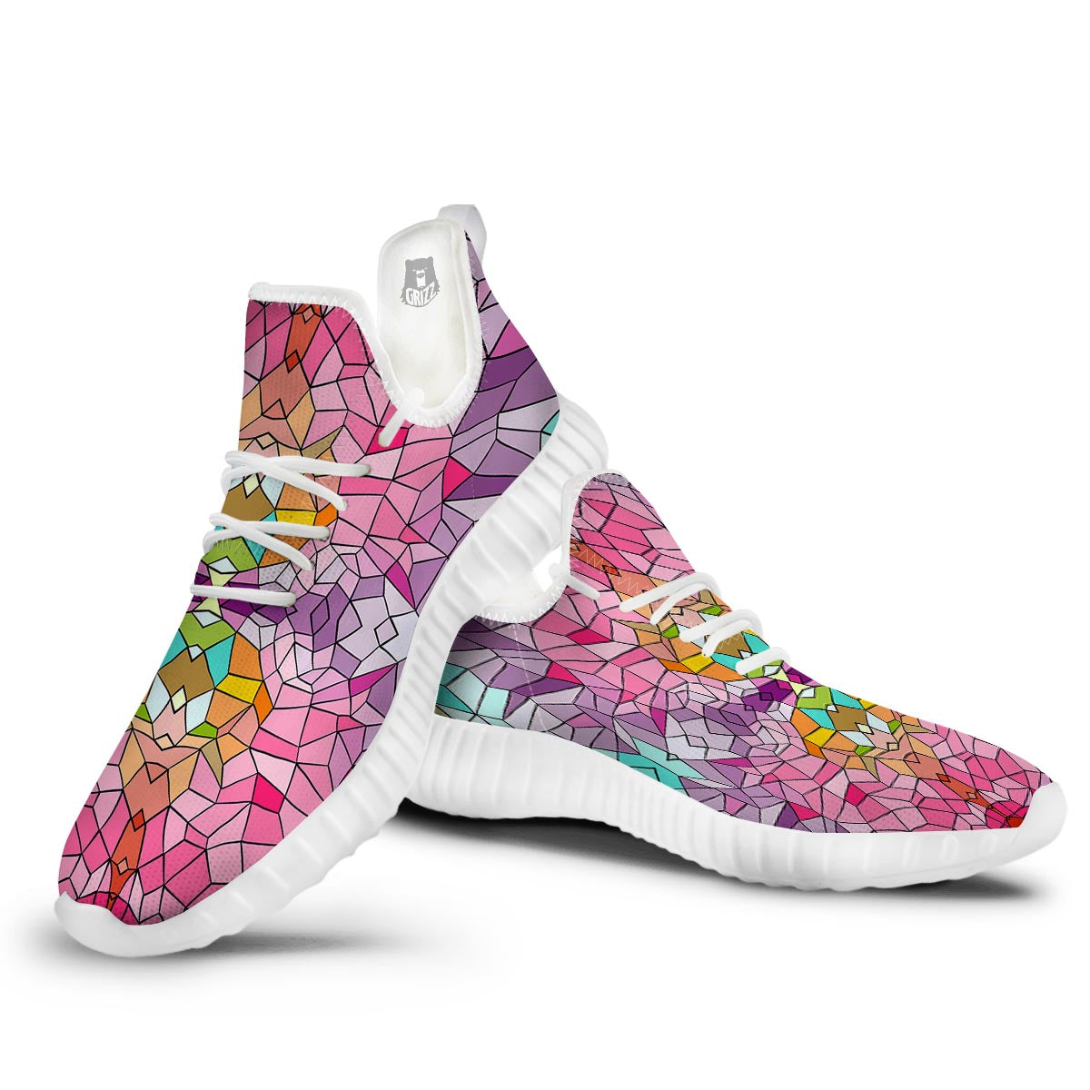 Mosaic Stained Glass Print Pattern White Walking Shoes-grizzshop