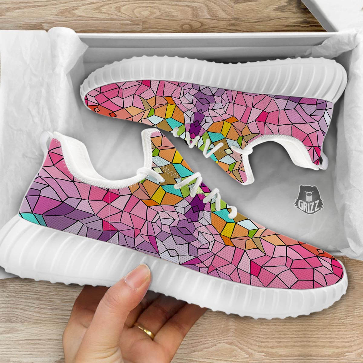 Mosaic Stained Glass Print Pattern White Walking Shoes-grizzshop