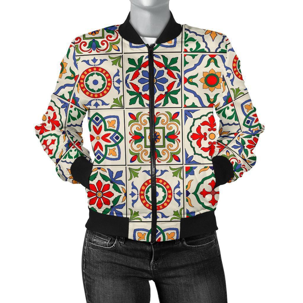 Mosaic Colorful Print Pattern Women Casual Bomber Jacket-grizzshop