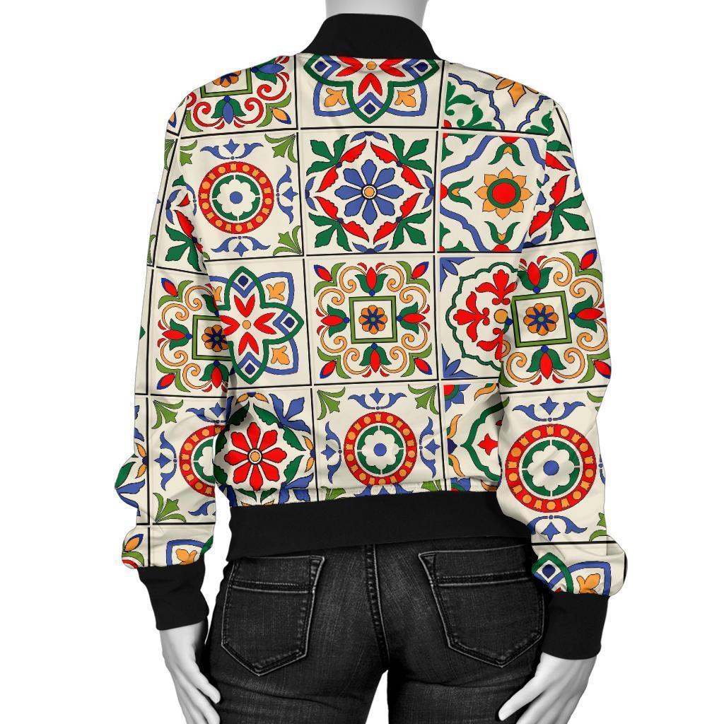 Mosaic Colorful Print Pattern Women Casual Bomber Jacket-grizzshop