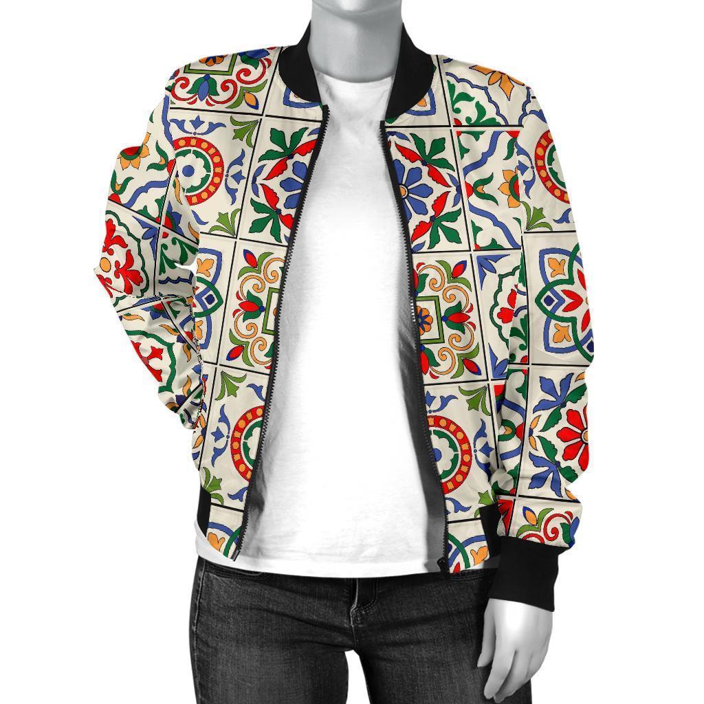 Mosaic Colorful Print Pattern Women Casual Bomber Jacket-grizzshop