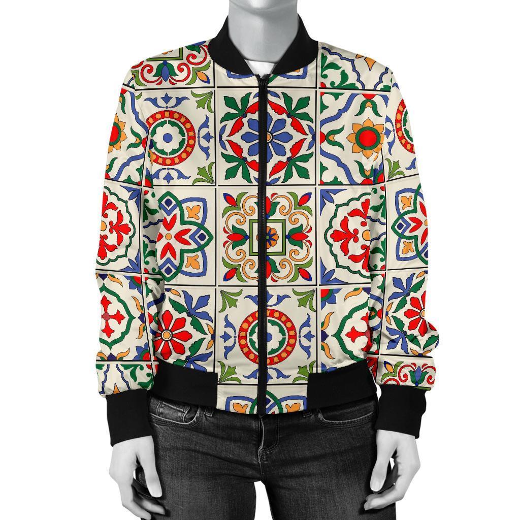 Mosaic Colorful Print Pattern Women Casual Bomber Jacket-grizzshop
