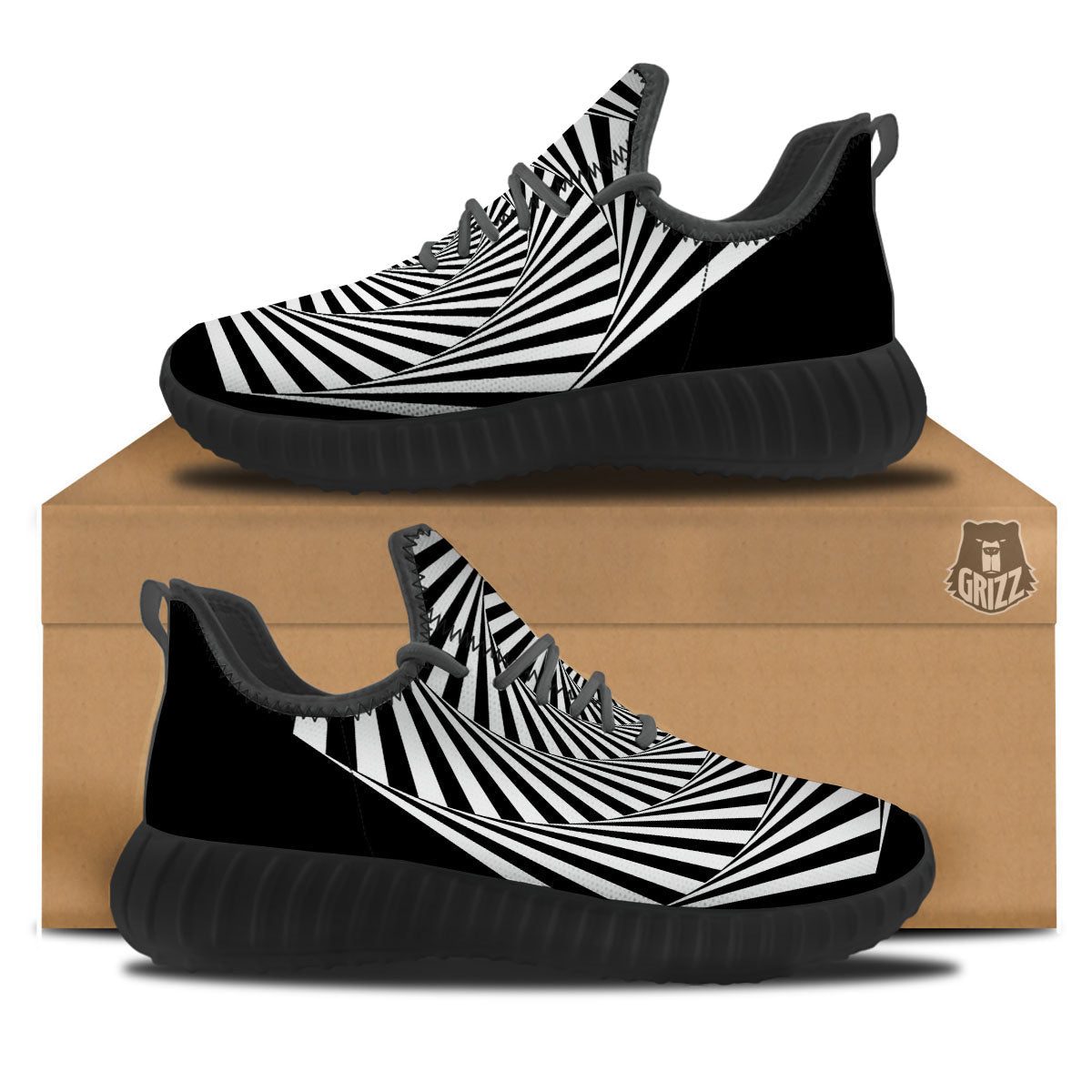 Motion Illusion Angular Swirl Print Black Walking Shoes-grizzshop