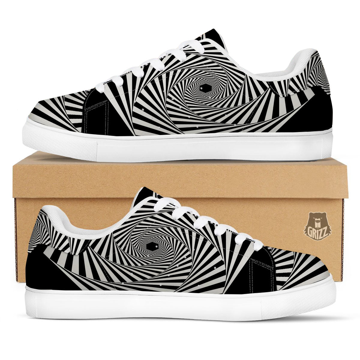 Motion Illusion Angular Swirl Print White Low Top Sneakers-grizzshop