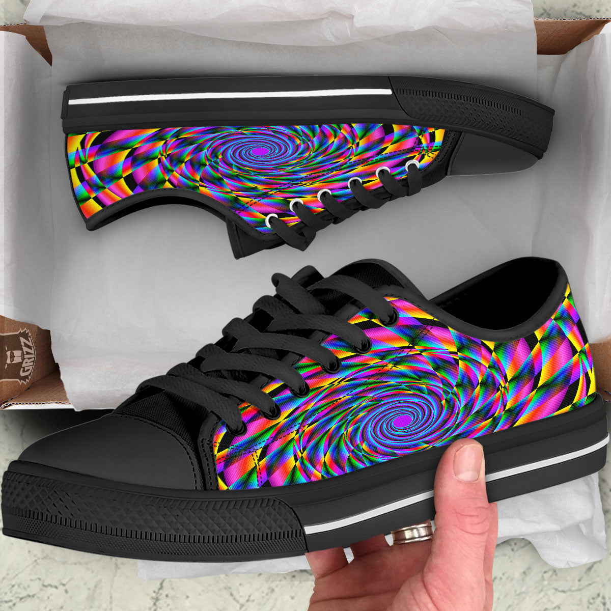Motion Psychedelic Illusory Print Black Low Top Shoes-grizzshop